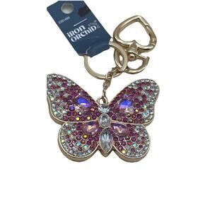Iron Orchid Studio Pink Butterfly Rhinestone Keychain Bag Charm Gold Tone NWT